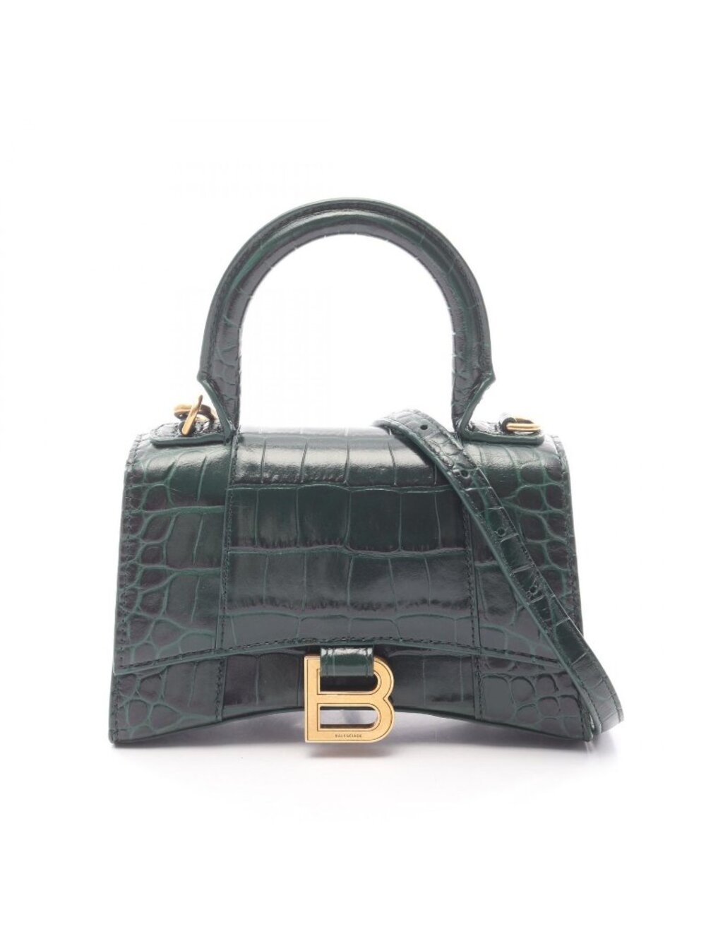 Balenciaga Handbag Hourglass XS Croco Embossed 2-Way Green Leather